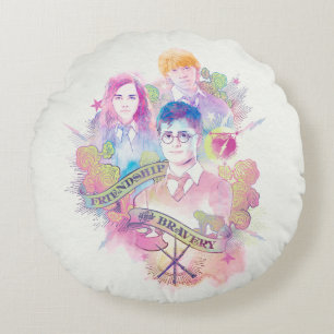Harry Potter Spell   Harry, Hermione, & Ron Waterc Round Pillow
