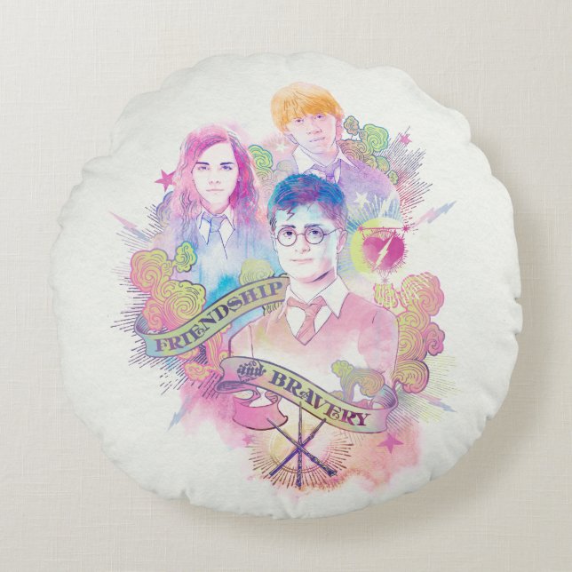 Harry Potter Spell | Harry, Hermione, & Ron Waterc Round Pillow (Front)