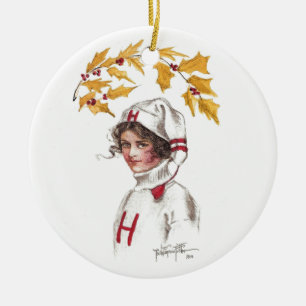 Harvard Coed in Winter with Holly Branch Ceramic Ornament