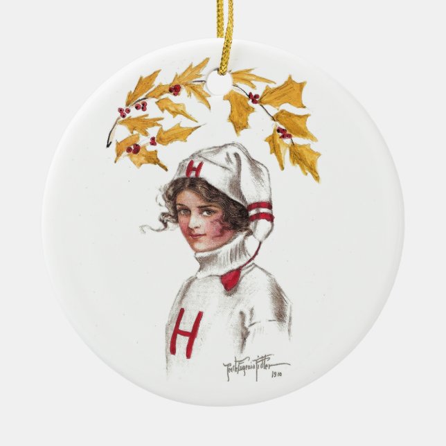 Harvard Coed in Winter with Holly Branch Ceramic Ornament (Front)