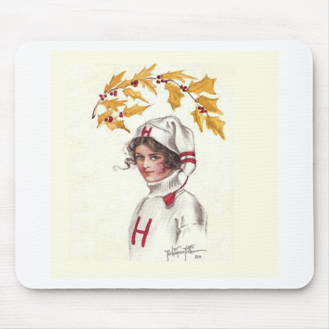 Harvard Coed in Winter with Holly Branch Mouse Pad (Front)