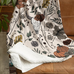Harvest and Horns Cow Skull Cream Sherpa Blanket