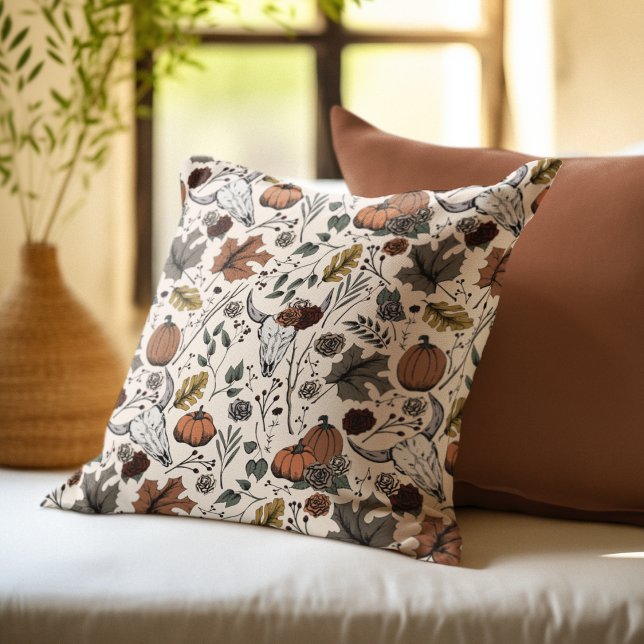 Harvest and Horns Cow Skull Cream Throw Pillow (Elegant Hand-Drawn Fall "Harvest and Horns" Pillow. Cow Skulls, Roses, Pumpkins & Autumn Leaves.)