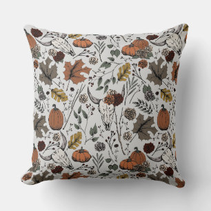 Harvest and Horns Cow Skull Grey Throw Pillow