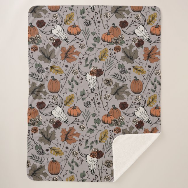 Harvest and Horns Cow Skull Taupe Sherpa Blanket (Front)