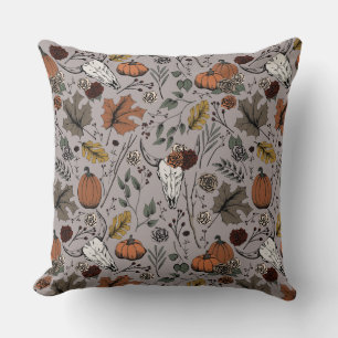 Harvest and Horns Cow Skull Taupe Throw Pillow