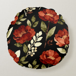 Harvest Ember Pattern Rust Red & Olive Floral Round Pillow