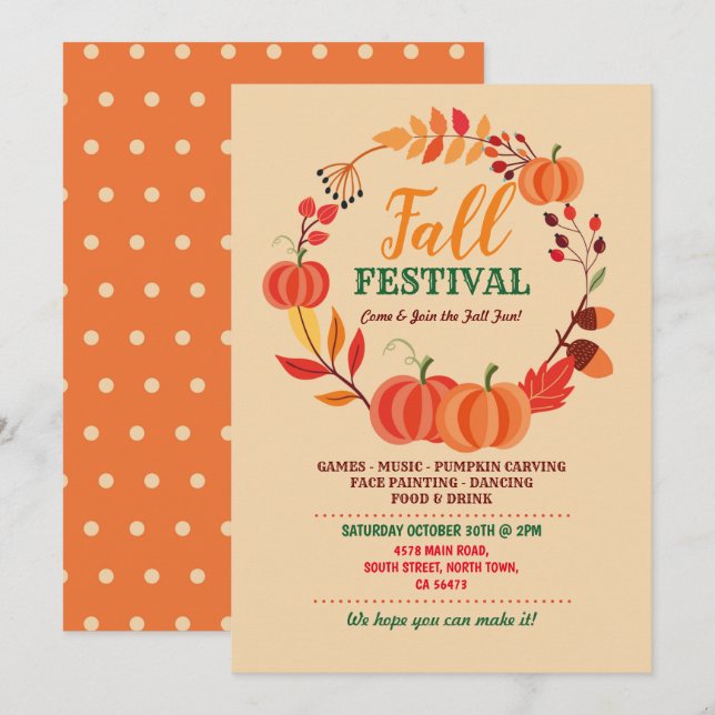 Harvest Fall Festival Pumpkin Autumn Event Leaves Invitation (Front/Back)