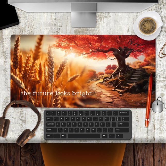 Harvest Fall Old Tree Wisdom Quote Desk Mat (Desk mat featuring a wheat field with a path and old tree, with your custom quote or wisdom)