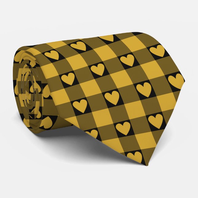 Harvest Gold Black Buffalo Heart Plaid Neck Tie (Rolled)