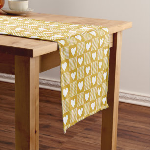 Harvest Gold Gingham Heart Patch Plaid Short Table Runner