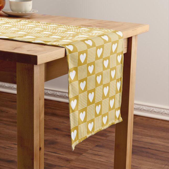 Harvest Gold Gingham Heart Patch Plaid Short Table Runner (In Situ)