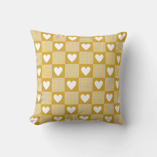 Harvest Gold Gingham Heart Patch Plaid Throw Pillow