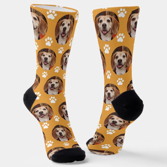 Harvest Gold Pet Photo & Paw Prints  Socks (Angled)