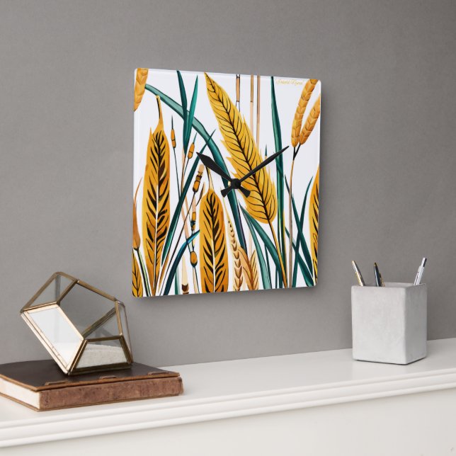 Harvest Harmony: A Wheat Pattern on a White Canvas Square Wall Clock (Office)