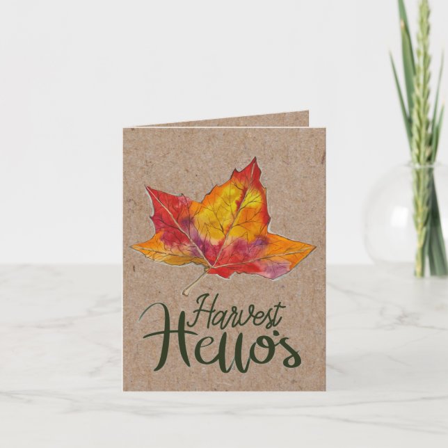 Harvest Hello fall greeting card watercolor leaf  (Front)