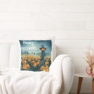 Harvest Howl – Scarecrow Beneath the Crescent Moon Throw Pillow
