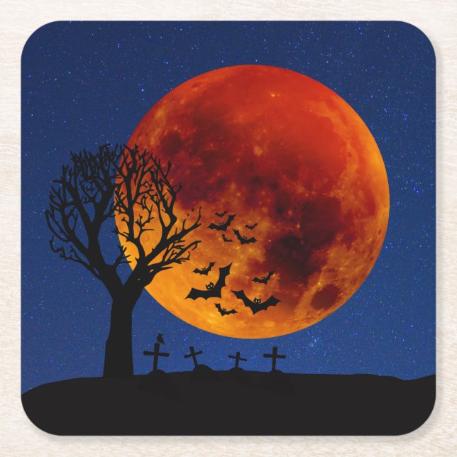 Harvest Moon Halloween Square Paper Coaster (Front)