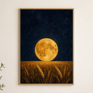 Harvest Moon Wheat Field Watercolour Poster