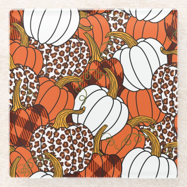 Harvest Pumpkin Patchwork Vintage Pattern Glass Coaster (Front)