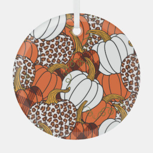 Harvest Pumpkin Patchwork Vintage Pattern Glass Ornament