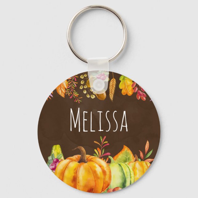 Harvest Pumpkins and Autumn Leaves Border Keychain (Front)
