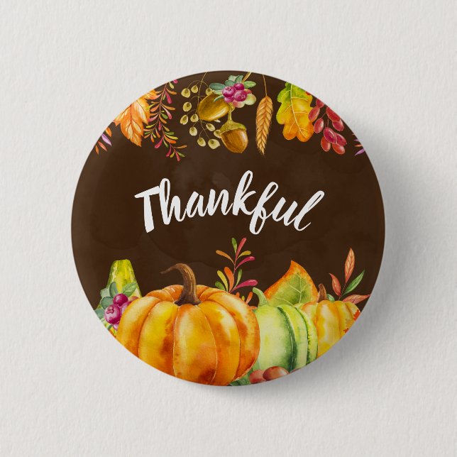 Harvest Pumpkins and Autumn Leaves Border Thankful 2 Inch Round Button (Front)