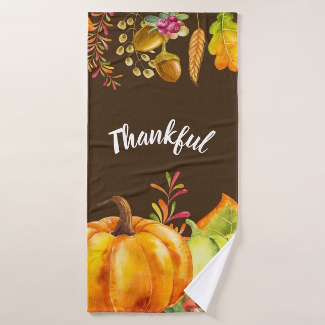 Harvest Pumpkins and Autumn Leaves Border Thankful Bath Towel Set (Bath Towel)