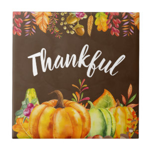 Harvest Pumpkins and Autumn Leaves Border Thankful Tile