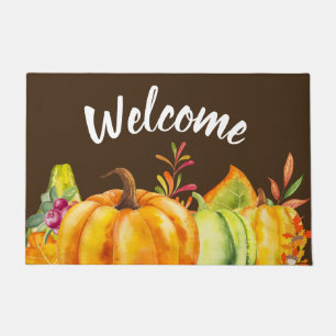 Harvest Pumpkins and Autumn Leaves Border Welcome Doormat