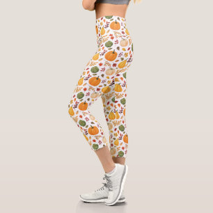 Harvest Pumpkins and Autumn Leaves Pattern Capri Leggings