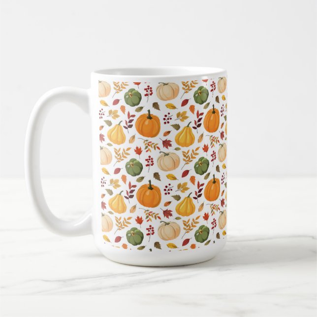 Harvest Pumpkins and Autumn Leaves Pattern Coffee Mug (Left)