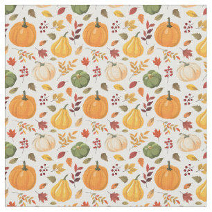 Harvest Pumpkins and Autumn Leaves Pattern Fabric