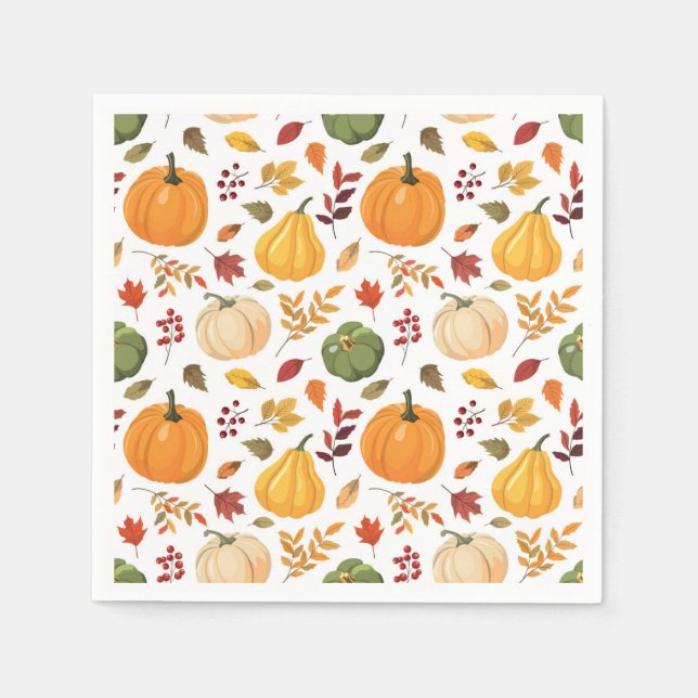 Harvest Pumpkins and Autumn Leaves Pattern Napkin (Front)