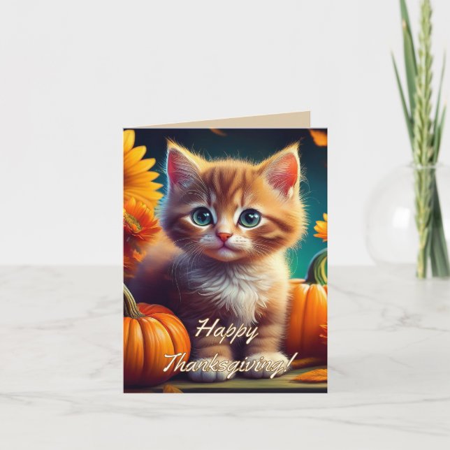 Harvest Thanksgiving Cute Ginger Kitten Pumpkin Thank You Card (Front)