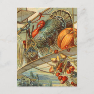 Harvest Turkey and Biplane Postcard