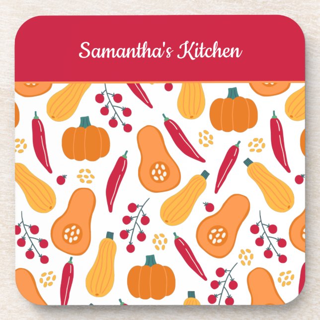 Harvest Vegetable Pattern with Name Orange and Red Coaster (Front)