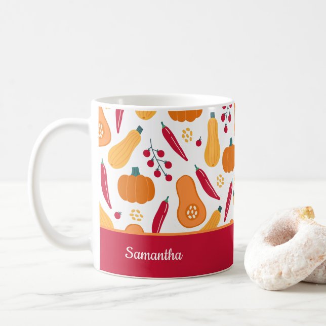 Harvest Vegetable Pattern with Name Orange and Red Coffee Mug (With Donut)