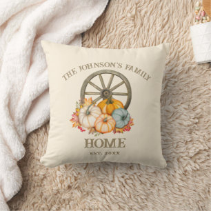 Harvest Wheel & Pumpkins Autumn Fall Family Name Throw Pillow