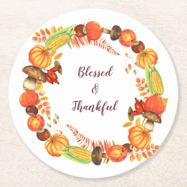 Harvest Wreath Blessed Thanksgiving Round Paper Coaster (Front)