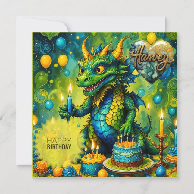 HARVEY ~ Birthday Card ~ Dinosaur ~ Green ~ (Front)