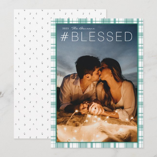 Hashtag #BLESSED Plaid Turquoise Vertical Holiday Card (Front/Back)