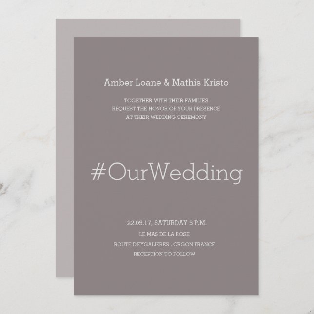Hashtag chic modern elegant lilac grey wedding invitation (Front/Back)