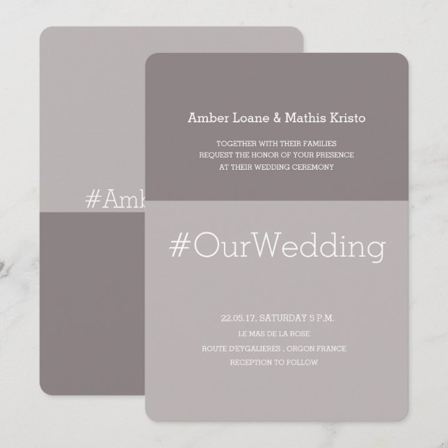 Hashtag chic modern lilac grey taupe wedding invitation (Front/Back)
