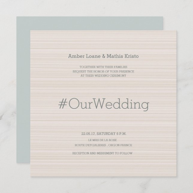 Hashtag modern elegant beige cyan stripes wedding invitation (Front/Back)