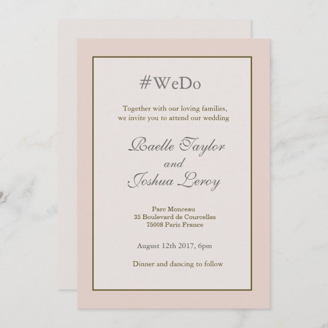 Hashtag personalized blush peach gold grey wedding invitation (Front/Back)