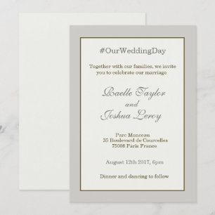 Hashtag personalized gold grey ivory white wedding invitation