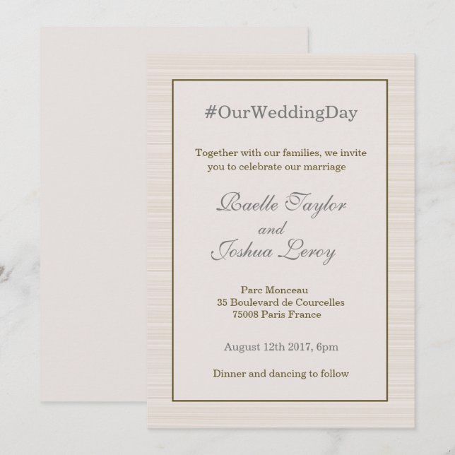 Hashtag personalized gold grey stripes wedding invitation (Front/Back)