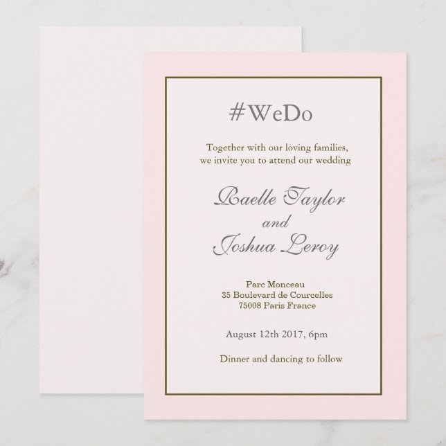 Hashtag personalized sweet pink gold grey wedding invitation (Front/Back)