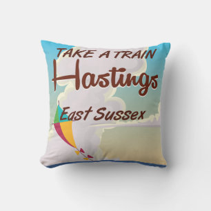 Hastings vintage beach travel poster throw pillow